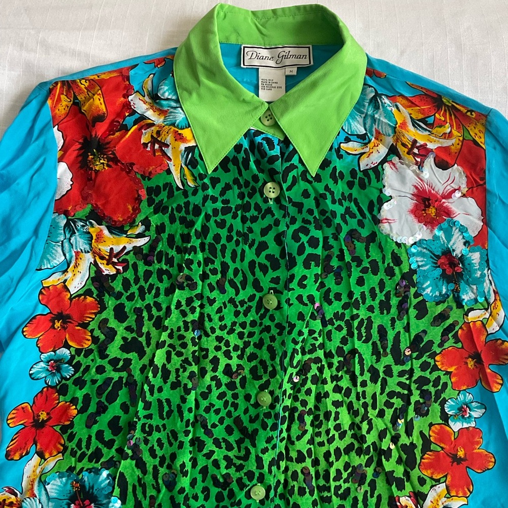 Diane Gilman | Vintage 100% Silk Leopard Floral Sequin Maximalist Blouse | M - Picture 7 of 12